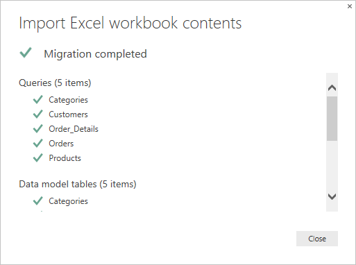 Screenshot that shows the Import Excel workbook contents summary page.