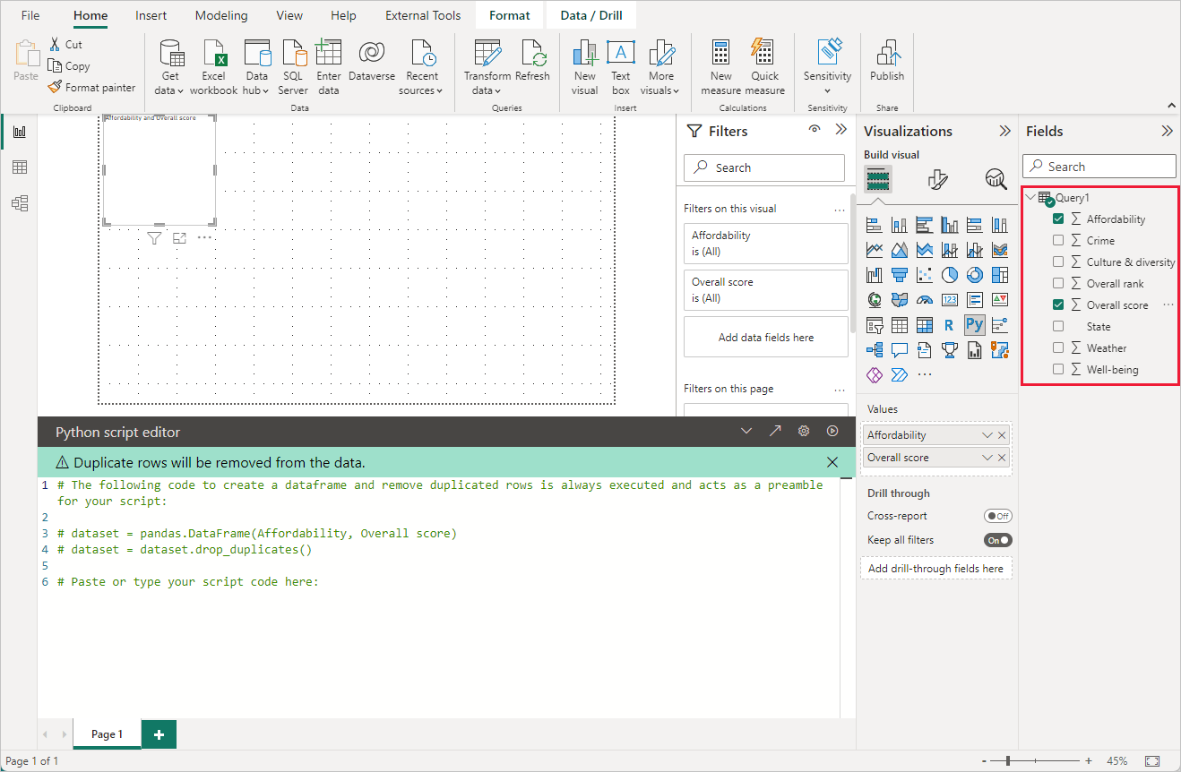 Screenshot of the Visualizations pane, showing a blank Python visual with script codes in the script editor.