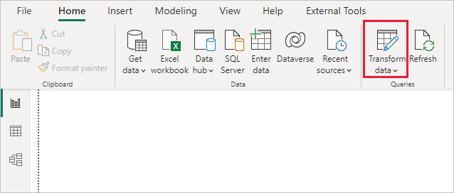 Screenshot of the Power Query Editor in Power B I Desktop, showing the Transform data selection.