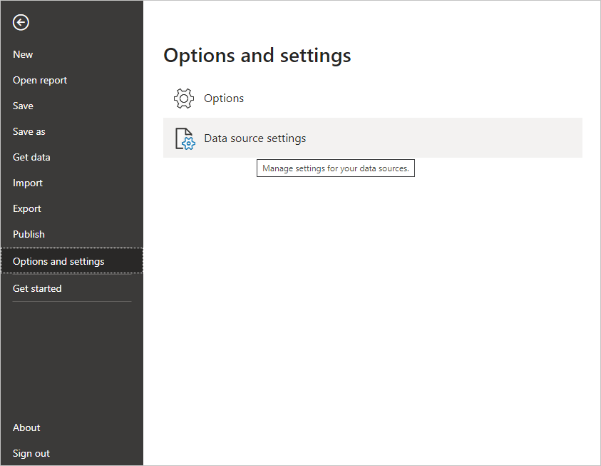 Screenshot of the File menu in Power B I Desktop, showing the Data source settings selection.