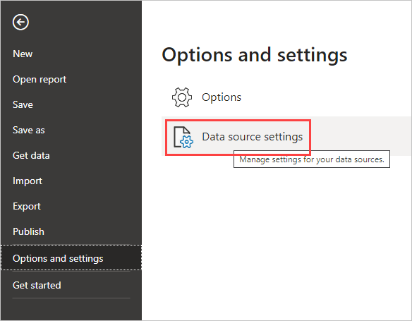 Screenshot shows the Options and Settings dialog where you can select Data source settings.