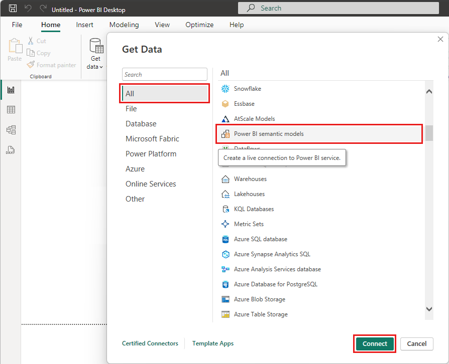 Screenshot that shows selecting Power BI semantic models in the Power BI Desktop Get data screen.