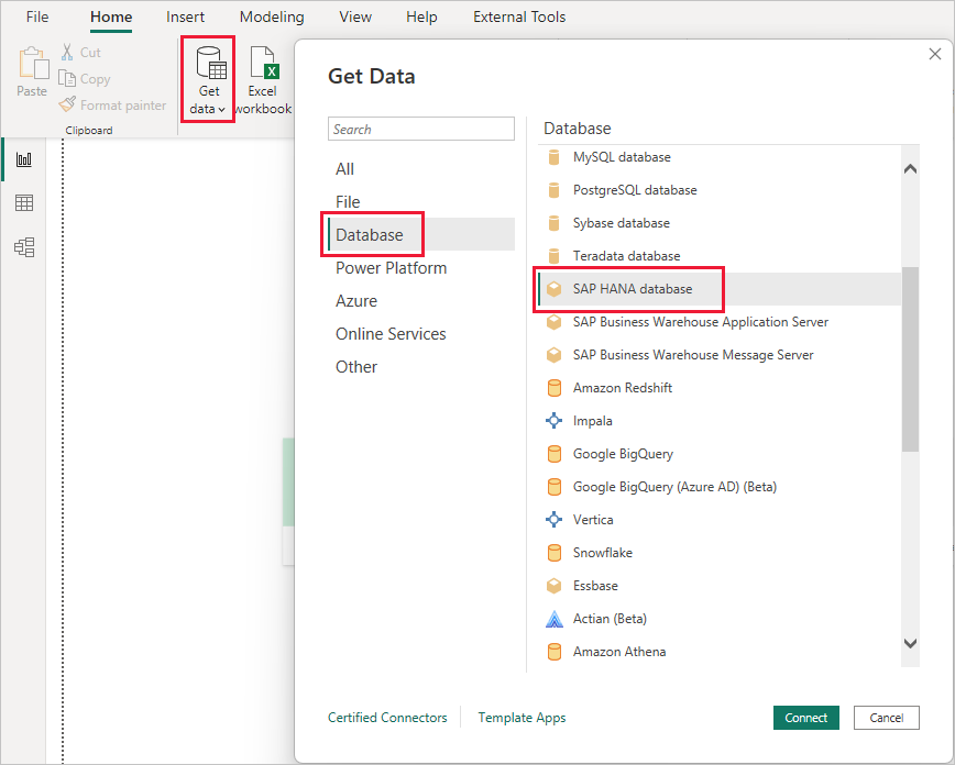 Screenshot shows Power BI Desktop with the Get Data dialog, with SAP HANA highlighted.