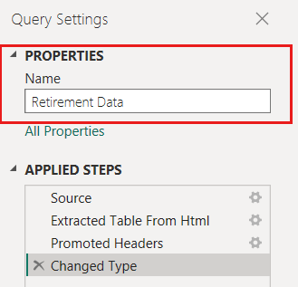 Screenshot of Power Query Editor showing how to edit a table name in Query Settings.