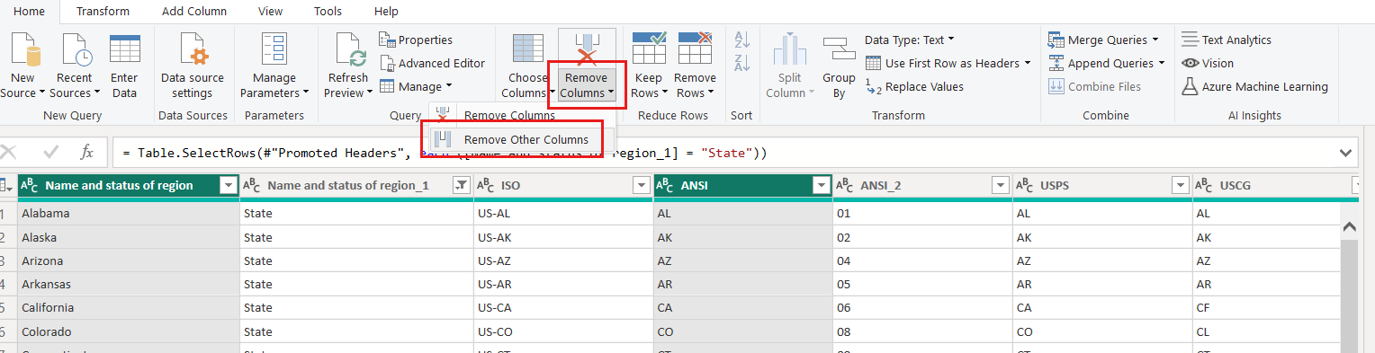 Screenshot of Power Query Editor highlighting the Remove Columns dropdown and the Remove Other Columns item.