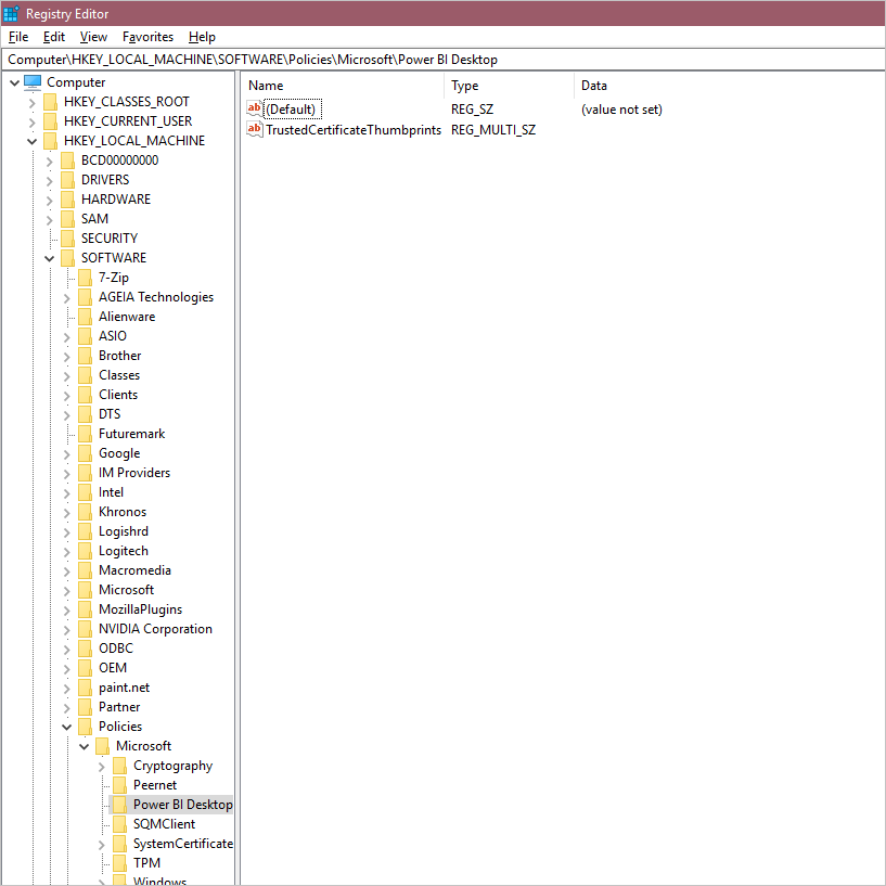 Screenshot shows the Power BI Desktop Registry with an entry for trusted third-party connectors but no keys.