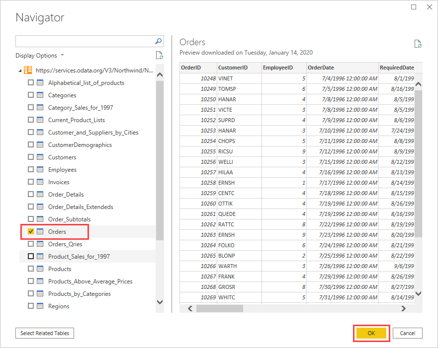 Screenshot that highlights the Orders table in the OData navigator.