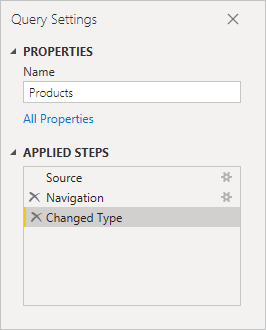 Screenshot that shows the applied steps in the Products query.