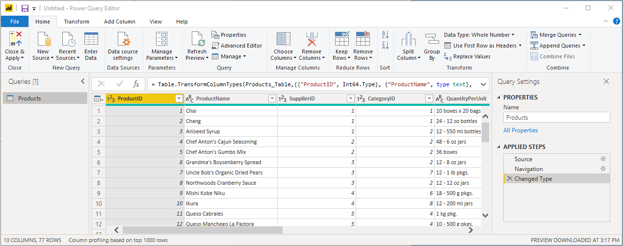 Screenshot that shows the Power Query Editor.