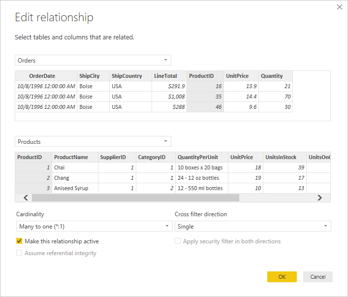 Screenshot that shows the Edit relationship dialog box.