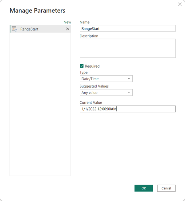 Define the Range Start parameter in the Manage Parameters dialog.