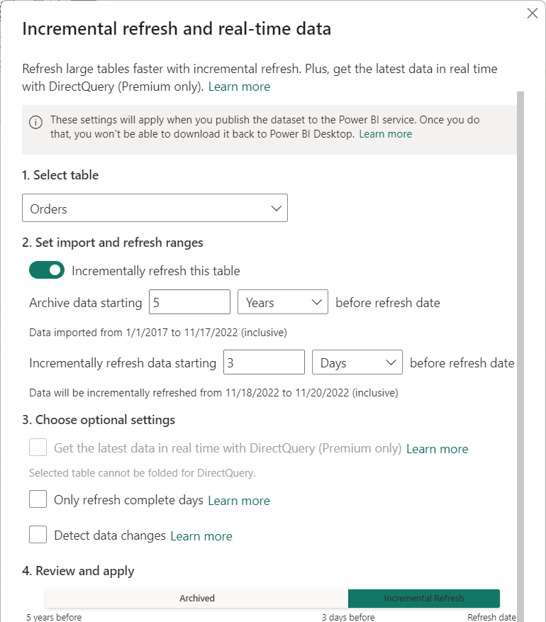 Incremental refresh and real-time data policy dialog showing incremental refresh range.