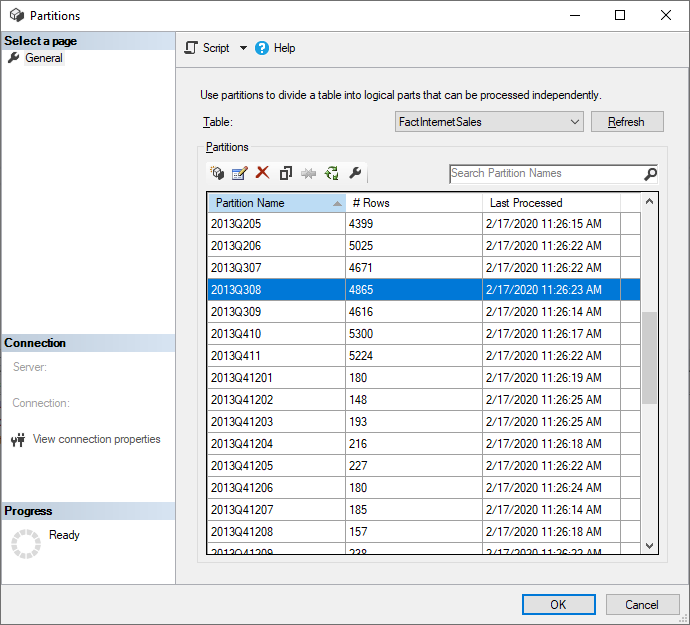 Screenshot shows the Partitions window in SSMS.