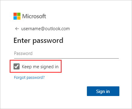 Screenshot of the Microsoft sign-in dialog with keep me signed in highlighted.