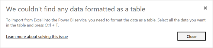 Screenshot shows dialog explaining that the Power BI service couldn't find data in workbook.