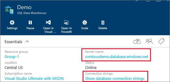 Screenshot of the Azure portal with SQK demo data highlighted.