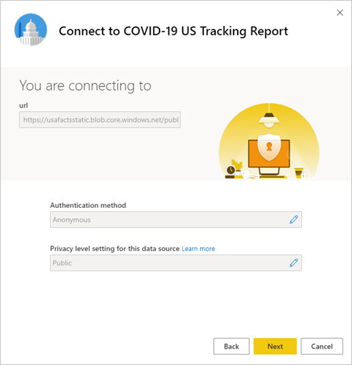 Screenshot of the Covid-19 US Tracking Report authentication dialog.