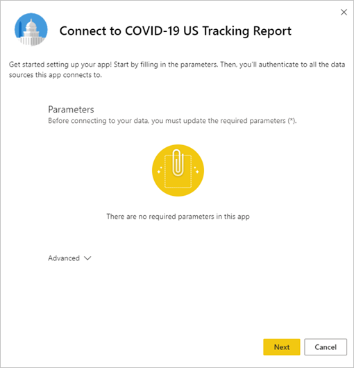 Screenshot of the Covid-19 US Tracking Report parameters dialog.