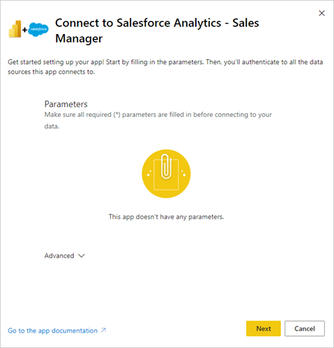 Screenshot of the Salesforce Analytics for Sales Managers parameters dialog.