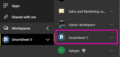 Smartsheet workspace in the nav pane