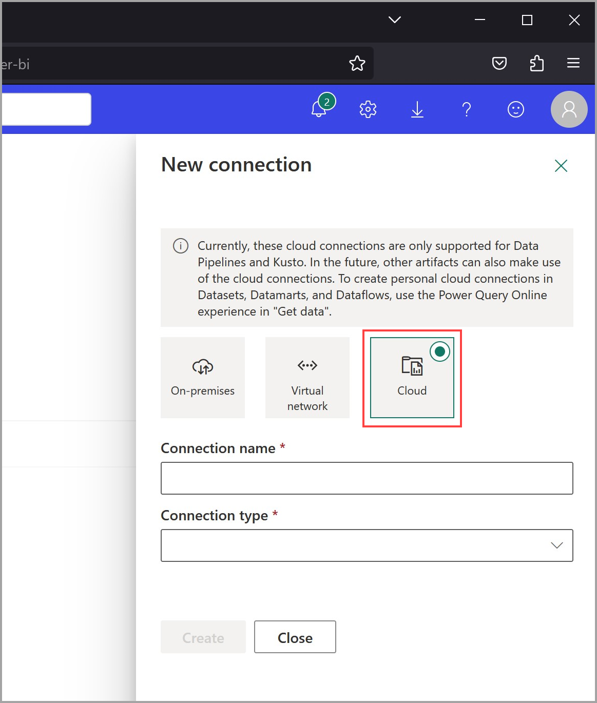 Screenshot of creating a new shared connection.