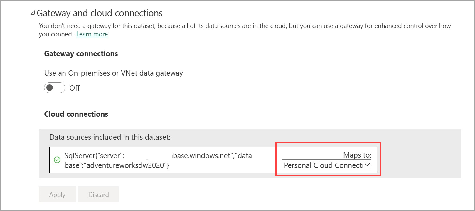 Screenshot of cloud connection defaulting to personal cloud connection.