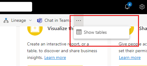Screenshot of Show tables option on Dataset details page.