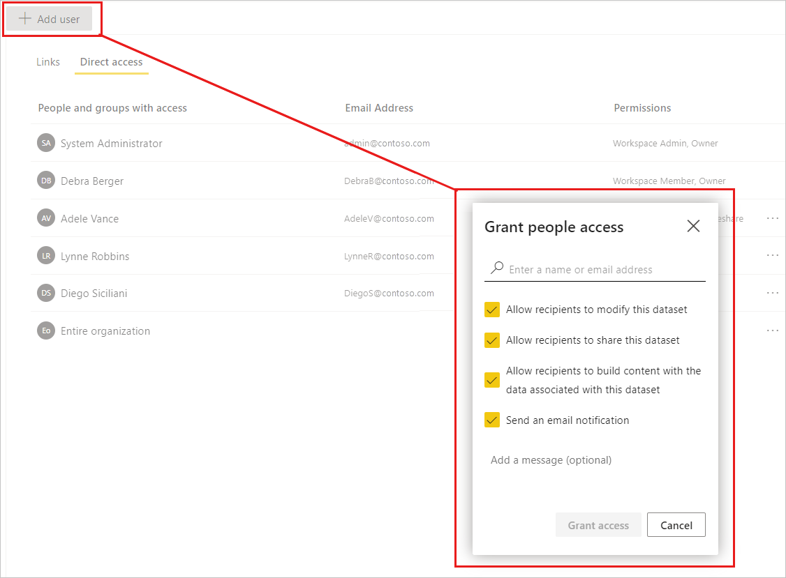 Screenshot of granting access permissions from the direct access tab on the semantic model manage permissions page.