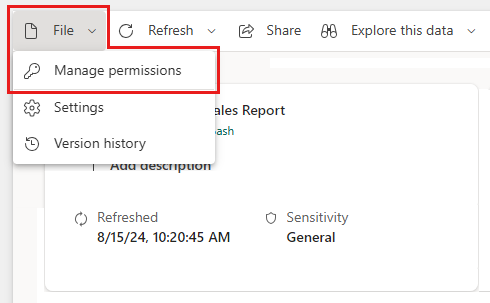 Screenshot of semantic model manage permissions page entry points on the semantic model info page.