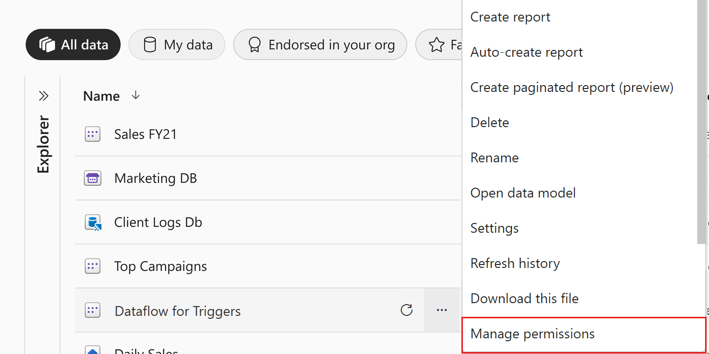 Screenshot of semantic model manage permissions page entry points on the OneLake data hub.