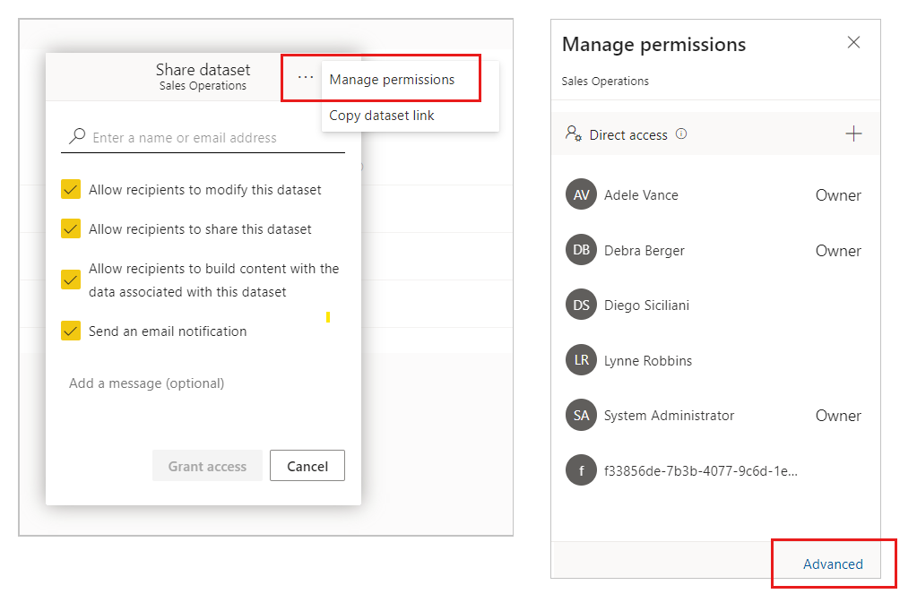 Screenshot of dataset manage permissions page entry point on the Share dataset dialog.