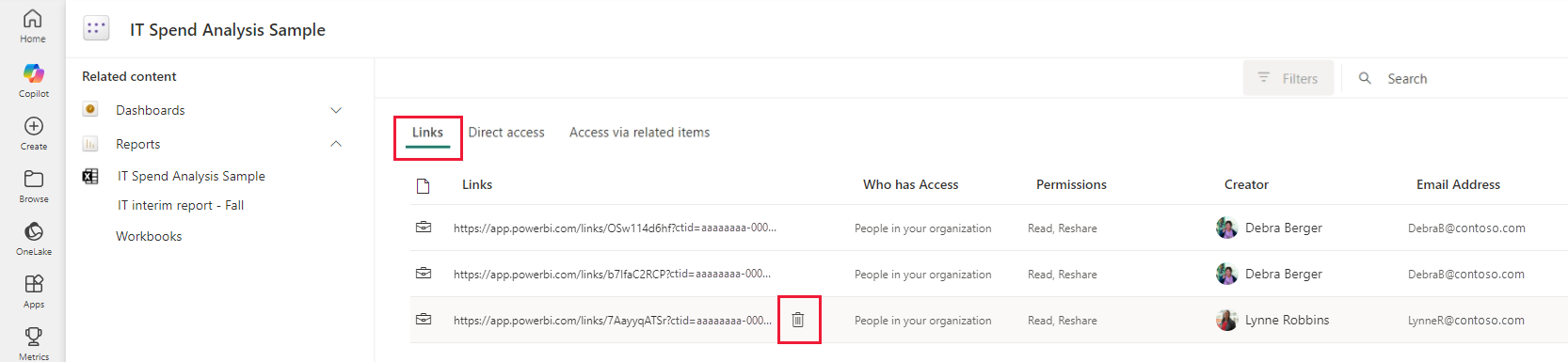 Screenshot of shared report links tab on the semantic model manage permissions page.