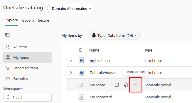 Screenshot of the Power BI service that shows selecting More options for a semantic model in OneLake catalog.
