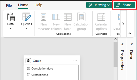 Screenshot of the Power BI service that shows selecting the Share option on a semantic model details page.