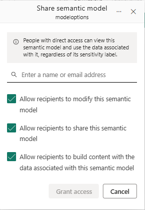 Screenshot of the Power BI service that shows the share semantic model dialog.