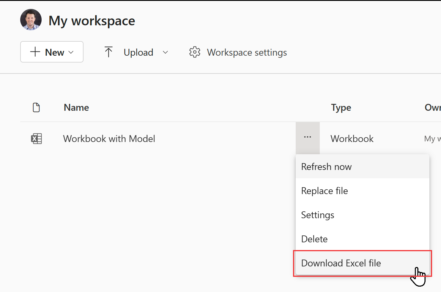 Screenshot that shows the download Excel file option for local workbooks.