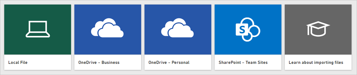 Screenshot of four tiles to find your file, showing the Local File, OneDrive Business, OneDrive Personal, and SharePoint tiles.