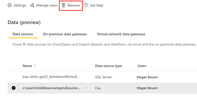 Screenshot of how to remove a data source.