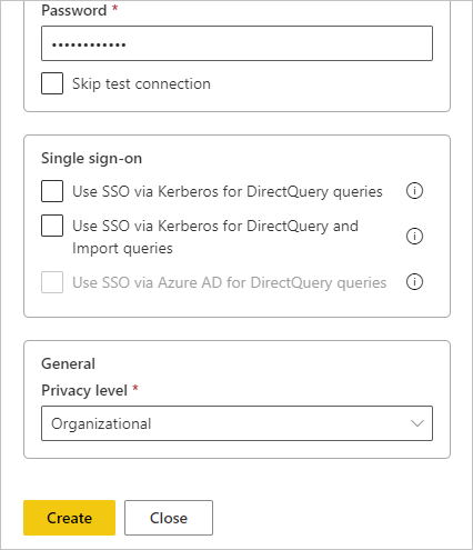  Screenshot of the Privacy level setting for SQL data source.