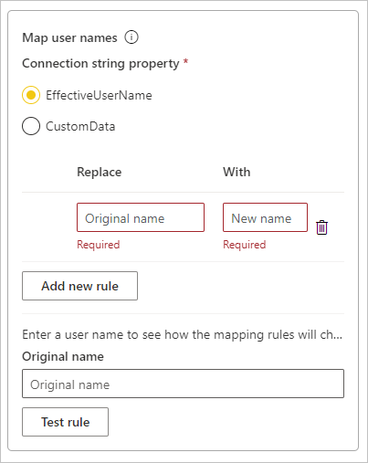 Screenshot of Add new rule in the Map user names box.