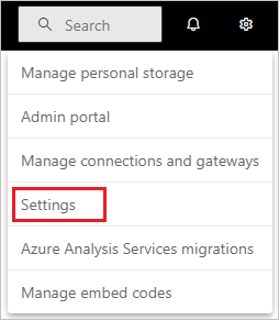 Screenshot that shows selecting Settings on the Power BI Home page.