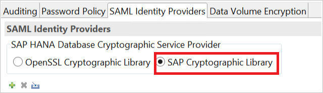 Screenshot of the "SAML Identity Providers" pane with the "SAP Cryptographic Library" option selected.