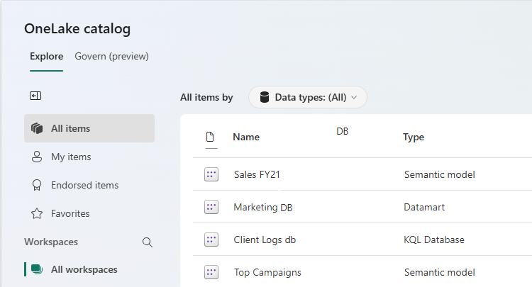 Screenshot that shows the list of existing data.