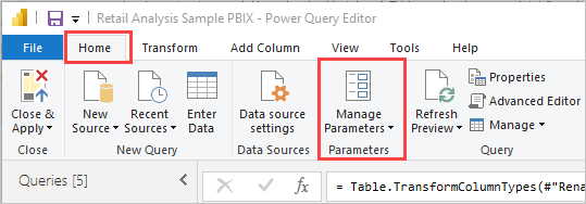 Screenshot of Power Query Editor Home tab showing Manage Parameters option in Power BI Desktop.