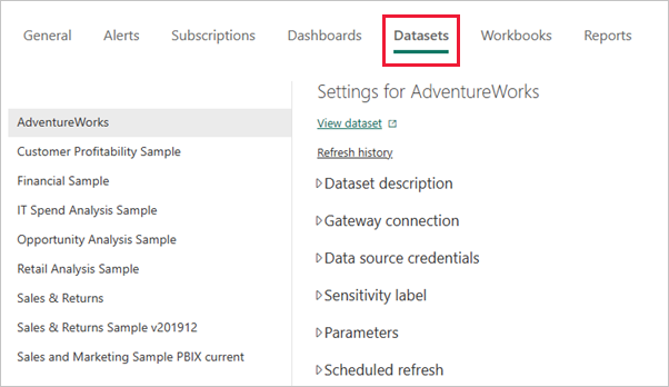 Screenshot shows the Settings window with Datasets tab selected.