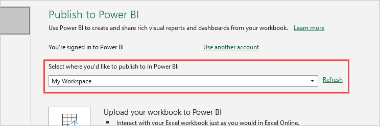 Screenshot shows Publish to Power B I with My Workspace selected.