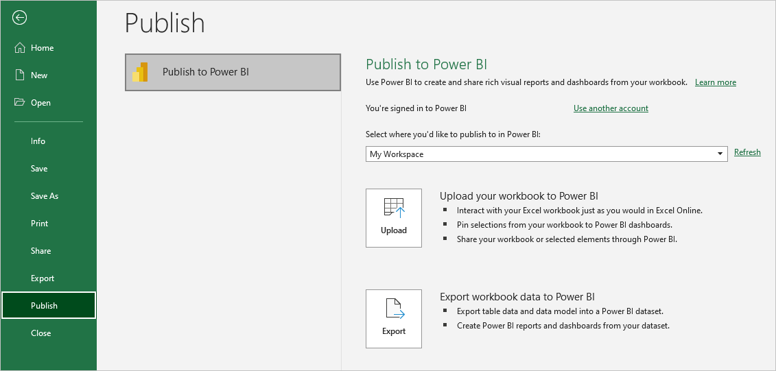 Screenshot that shows the options to publish a workbook to Power BI in Excel.