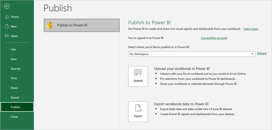 Excel publisher. Microsoft bi.