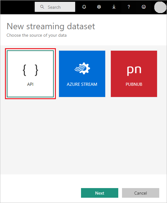 Screenshot of the New streaming dataset choices, showing the API selection.