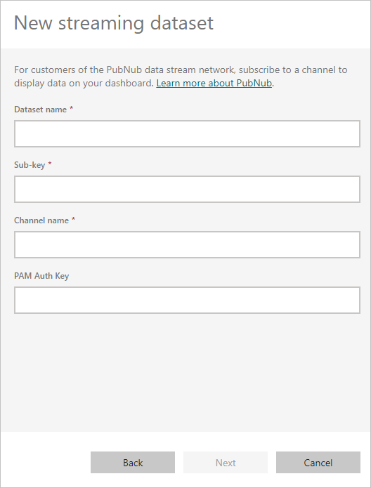 Screenshot of the New streaming dataset dialog, showing the PubNub entries for connection.